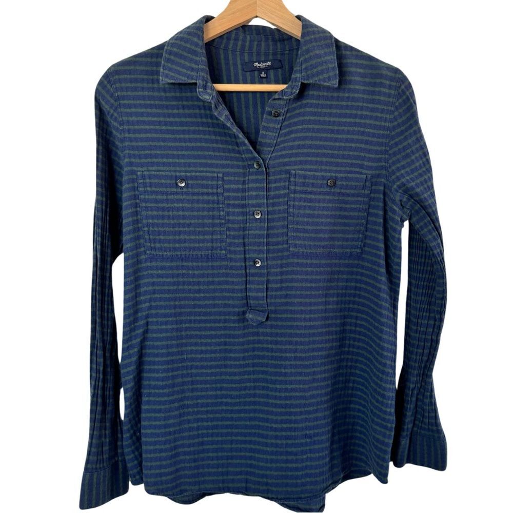 MADEWELL Blue and Green Plaid Slip It On Popover Shirt 3 Button Top size…